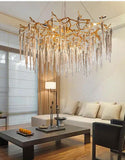 600 MM Long Crystal Spike Glass Gold Metal LED Chandelier Hanging Suspension Lamp - Warm White - Ashish Electrical India