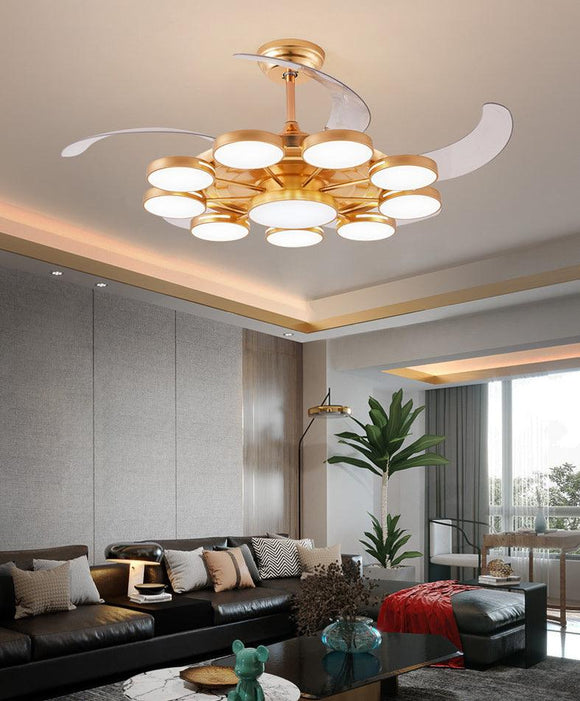 Invisible Gold Rings Ceiling Fan Chandelier with Remote Control 4 Retractable ABS Blades - Warm White - Ashish Electrical India