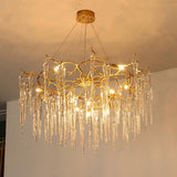 600 MM Long Crystal Spike Glass Gold Metal LED Chandelier Hanging Suspension Lamp - Warm White - Ashish Electrical India