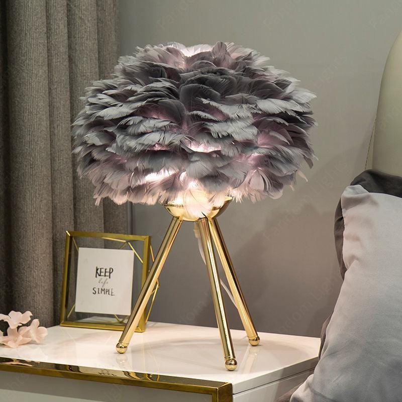 Desk Table Lamp with Grey Feather Shade Gold Base Home and Office Use