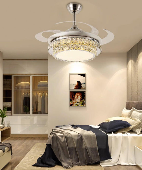 Ceiling Fan Chandelier with 2 Layer Crystal Silver and Remote Control 4 Retractable ABS Blades - Warm White - Ashish Electrical India