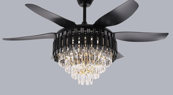 52 Inch Crystal Ceiling Fan Black Gold Chandelier Remote Control 6 Blades - Warm White - Ashish Electrical India