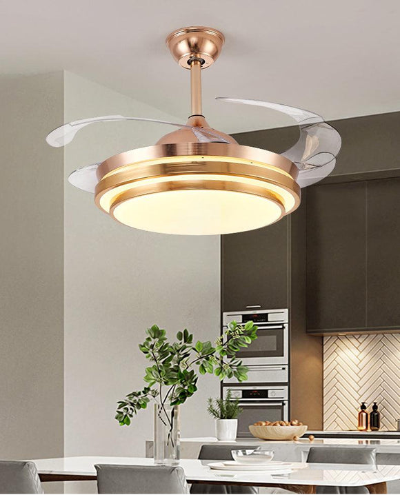 Golden Ceiling Fan Chandelier with Remote Control 4 Retractable ABS Blades - Warm White - Ashish Electrical India