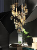 31-LIGHT LED ACRYLIC GOLD Leaf DOUBLE HEIGHT STAIR CHANDELIER - WARM WHITE - Chandelier