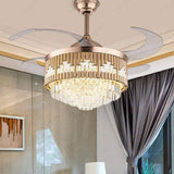 Crystal Ceiling Fan Chandelier Luxury 42 Inch Gold Retractable Light LED 3 Color Setting Control-Remote - Warm White - Chandelier