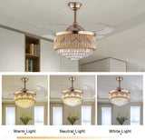 Crystal Ceiling Fan Chandelier Luxury 42 Inch Gold Retractable Light LED 3 Color Setting Control-Remote - Warm White - Chandelier