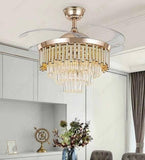 Crystal Ceiling Fan Chandelier Quiet 42 Inch Tube Gold Retractable - Warm White - Chandelier