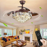 Invisible Ceiling Fan Chandelier with Black Crystal and Remote Control 4 Retractable ABS Blades - Warm White - Chandelier