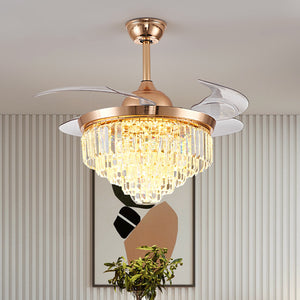 Invisible Gold Ceiling Fan Chandelier with Crystal and Remote Control 4 Retractable ABS Blades - Warm White