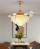 Invisible Gold Ceiling Fan Chandelier with Crystal and Remote Control 4 Retractable ABS Blades - Warm White