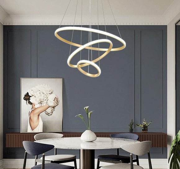 3 Ring 800MM Gold Body Modern LED Chandelier for Dining Living Room Office Hanging Suspension Fancy Lamp - Warm White - Ashish Electrical India