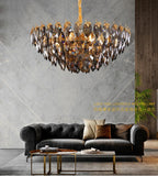 750 MM GOLD Mapple LEAF METAL Smokey Glass LED CHANDELIER HANGING SUSPENSION LAMP - WARM WHITE