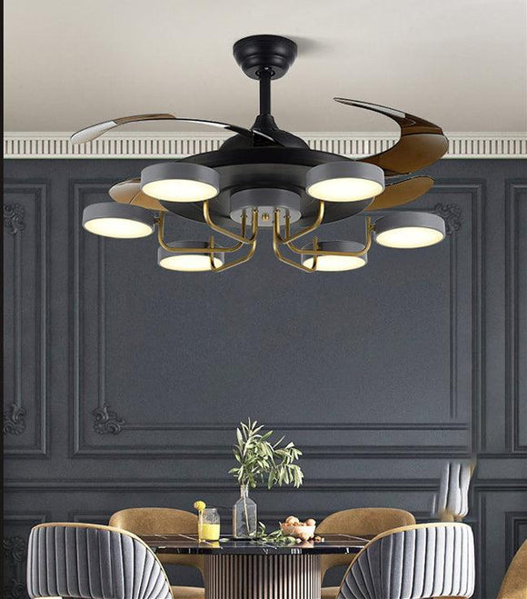Invisible Black Grey 6 Rings Ceiling Fan Chandelier with Remote Control 4 ABS Blades - Warm White