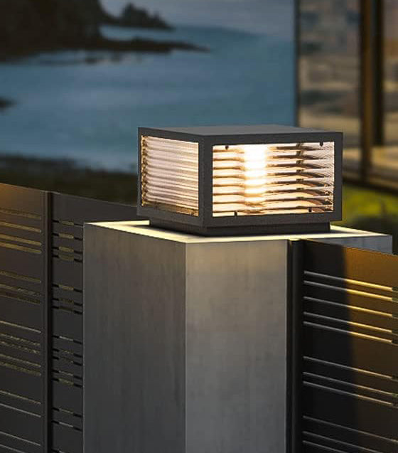 Modern Fluted Glass Pillar Light Gate Lamp Lantern Post Outdoor Light (Color : Black)