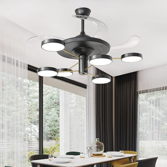 6 Black Rings Ceiling Fan Chandelier with Remote Control 4 Retractable ABS Blades - Warm White