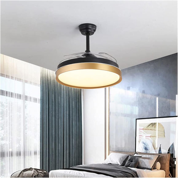 Black Golden Modern Ceiling Fan Chandelier with Remote Control 4 Retractable ABS Blades - Warm White