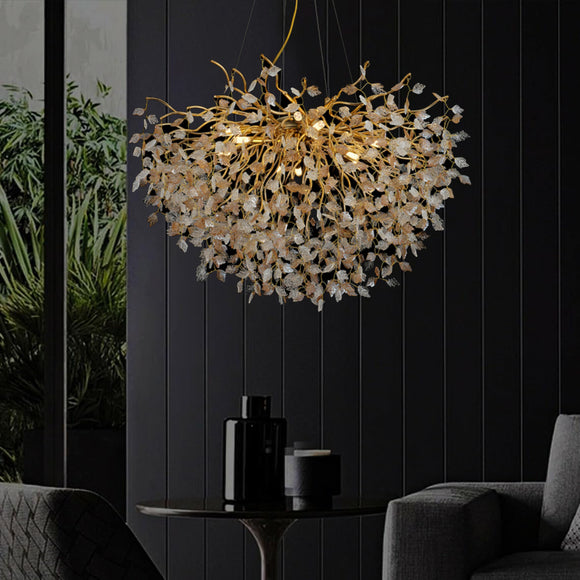 800 MM Vine Leaf Crystal Golden LED Tree Chandelier Light for Living Room Round Dining Room - Warm White