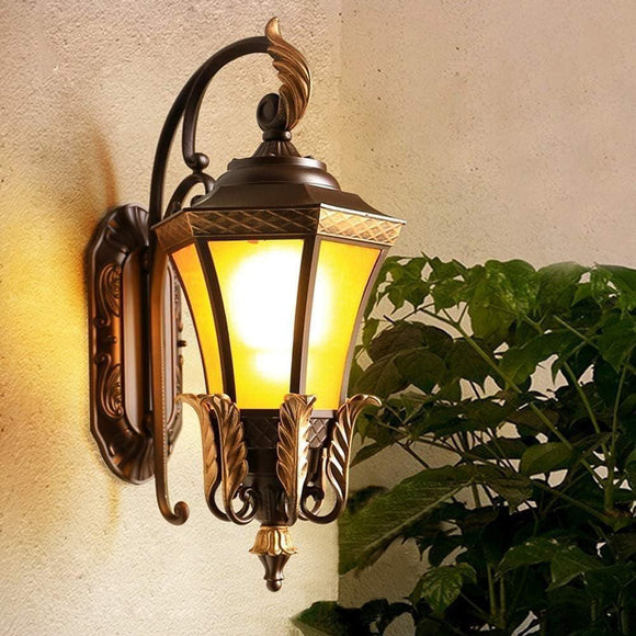 Outdoor Wall Light Fixture Brown Gold Color Fluted Glass Exterior Lantern Waterproof Lamp - Warm White