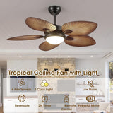 52 INCH WIND WOODEN PALM LEAF CEILING FAN REMOTE CONTROLLED WITH LIGHT - DARK WOOD