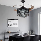 Black Smoke Crystal Ceiling Fan Chandelier Crystal and Remote Controled for Living Room Drawing Room - Warm White