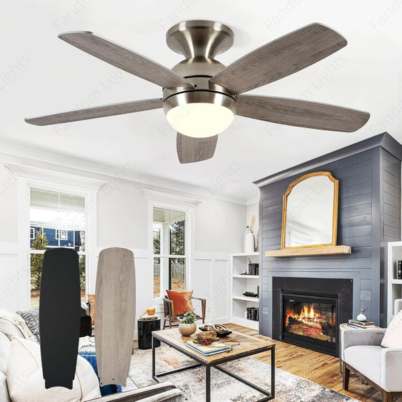Nickel Flush Mount Ceiling Fans with Lights 52 Inch, Low Profile Ceiling Fans with Remote,Small Ceiling Fan with Wood Blades for Bedroom/Living Room/Dining Room,Reversible,Dimmable