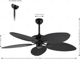 52 Inch Wind Black Rattan Palm Leaf ceiling fan remote Controlled