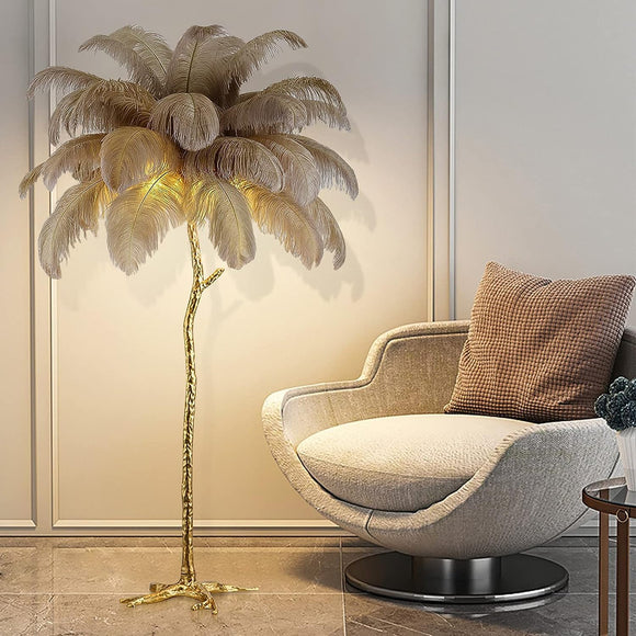 OSTRITCH FEATHER GOLD FLOOR LAMP LIVING ROOM LIGHT FOR HOME LIGHTING STANDING LAMP - GOLD