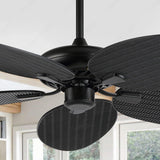 52 Inch Wind Black Rattan Palm Leaf ceiling fan remote Controlled