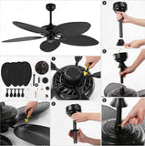 52 Inch Wind Black Rattan Palm Leaf ceiling fan remote Controlled