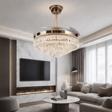 Invisible Gold Ceiling Fan Chandelier with K9 Crystal and Remote Control Retractable ABS Blades - Warm White