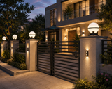 200MM Round Pillar Light Gate Lamp Metal Acrylic E27 Lantern Post (Color : Black)