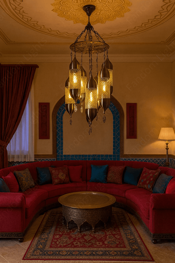 6 Light Brass Vintage Turkish Chandelier Light for Dining Hall - Warm White