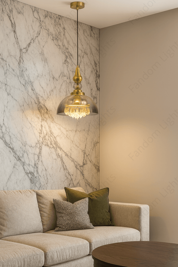 Smoke Glass Crystal Gold Pendant Hanging Light - Warm White