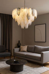 600 MM Feather Leaf Glass LED Chandelier for Living Dining Room Light- Warm White