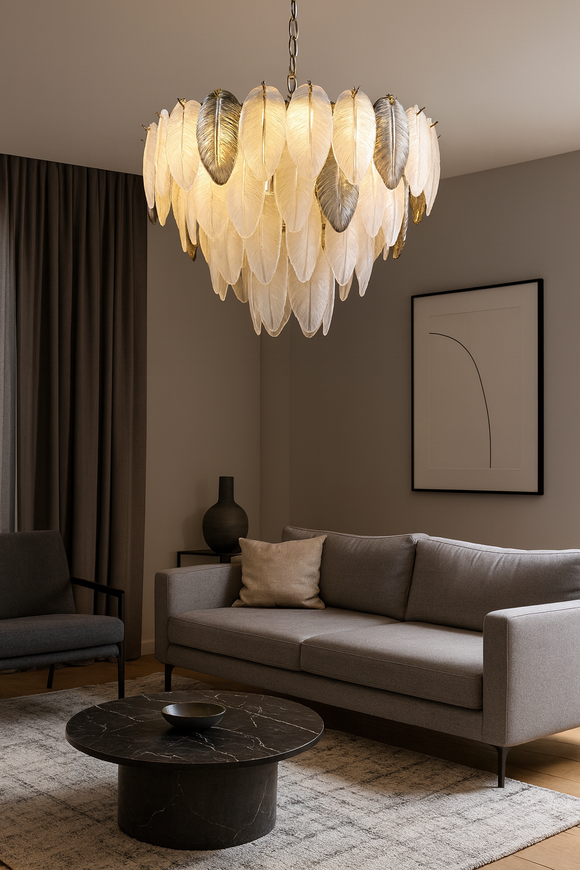 600 MM Feather Leaf Glass LED Chandelier for Living Dining Room Light- Warm White