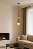 Amber Glass Brass Gold Pendant Hanging Light - Warm White