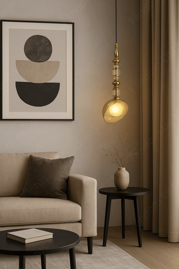 Amber Glass Brass Gold Pendant Hanging Light - Warm White