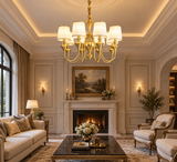 8 Light Frost Shade Brass Italian Chandelier Light for Dining Hall - Warm White