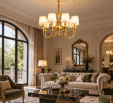 8 Light Frost Shade Brass Italian Chandelier Light for Dining Hall - Warm White