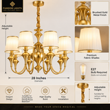 8 Light Frost Shade Brass Italian Chandelier Light for Dining Hall - Warm White