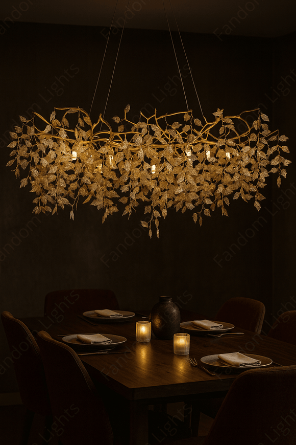 1600MM Long Golden Vine Leaf Crystal Chandelier Ceiling Lights Hanging for Living and Dining Room
