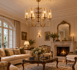 6 Light Electroplated Metal Gold Amber Glass Chandelier