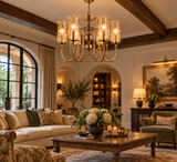 6 Light Electroplated Metal Gold Amber Glass Chandelier