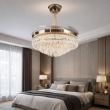 Invisible Gold Ceiling Fan Chandelier with K9 Crystal and Remote Control Retractable ABS Blades - Warm White