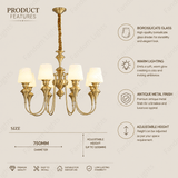 8 Light Frost Glass Brass Italian Chandelier Light for Dining Hall - Warm White
