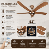 52 Inch Brass Finnish Wind lamp ceiling fan remote Controlled - Dark Wood