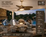 52 Inch Wind Vintage Gold Rattan Palm Leaf ceiling fan With Light