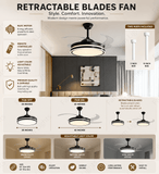 Black Body Ceiling Fan Chandelier with Remote Control 4 Retractable ABS Blades - Warm White