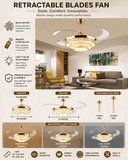 Ceiling Fan Chandelier with 3 Layer Crystal and Remote Control 4 Retractable ABS Blades - Warm White