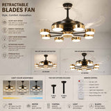 Golden Rings Ceiling Fan Chandelier with Remote Control 4 Retractable ABS Blades - Warm White